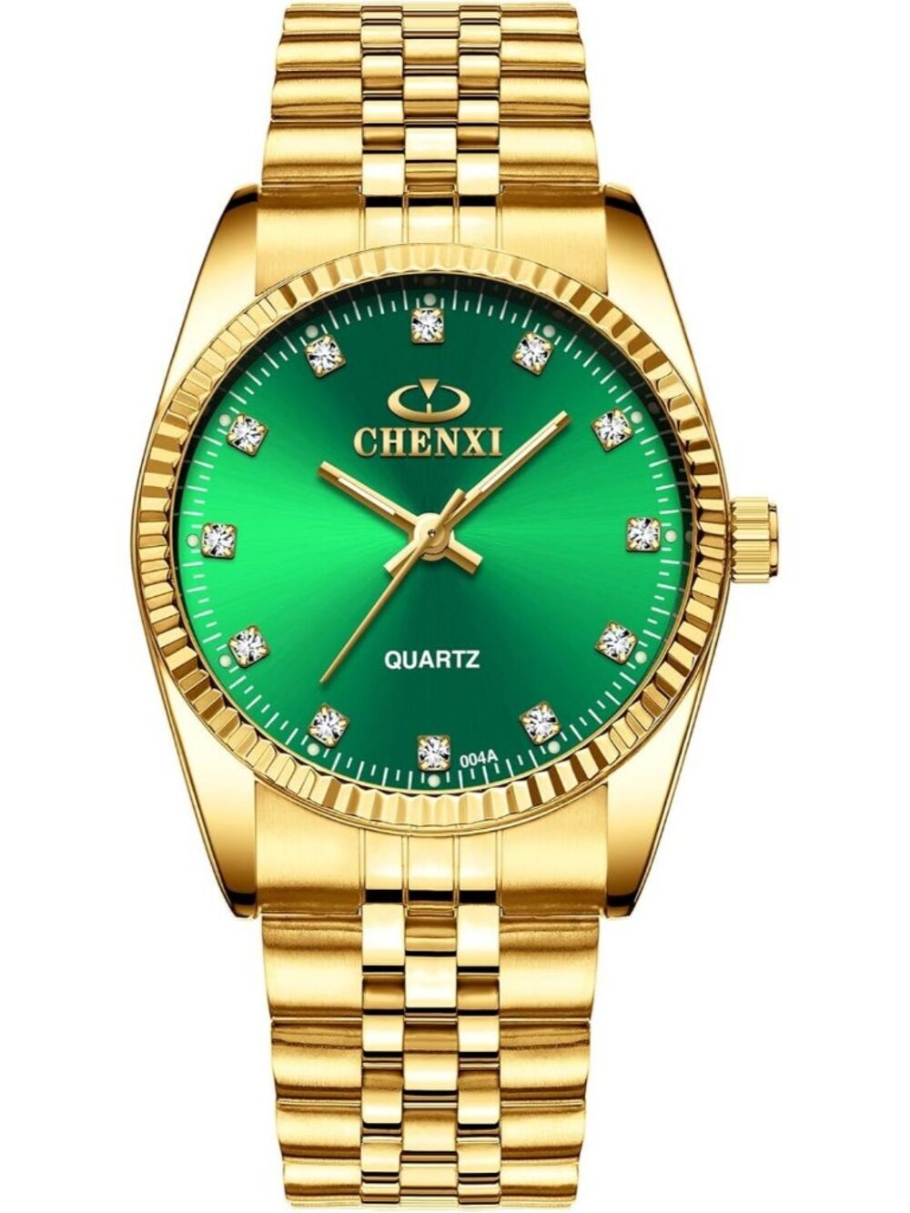 Women's Green Analog Classic Golden Stainless Steel Crystals Quartz Wrist Watch